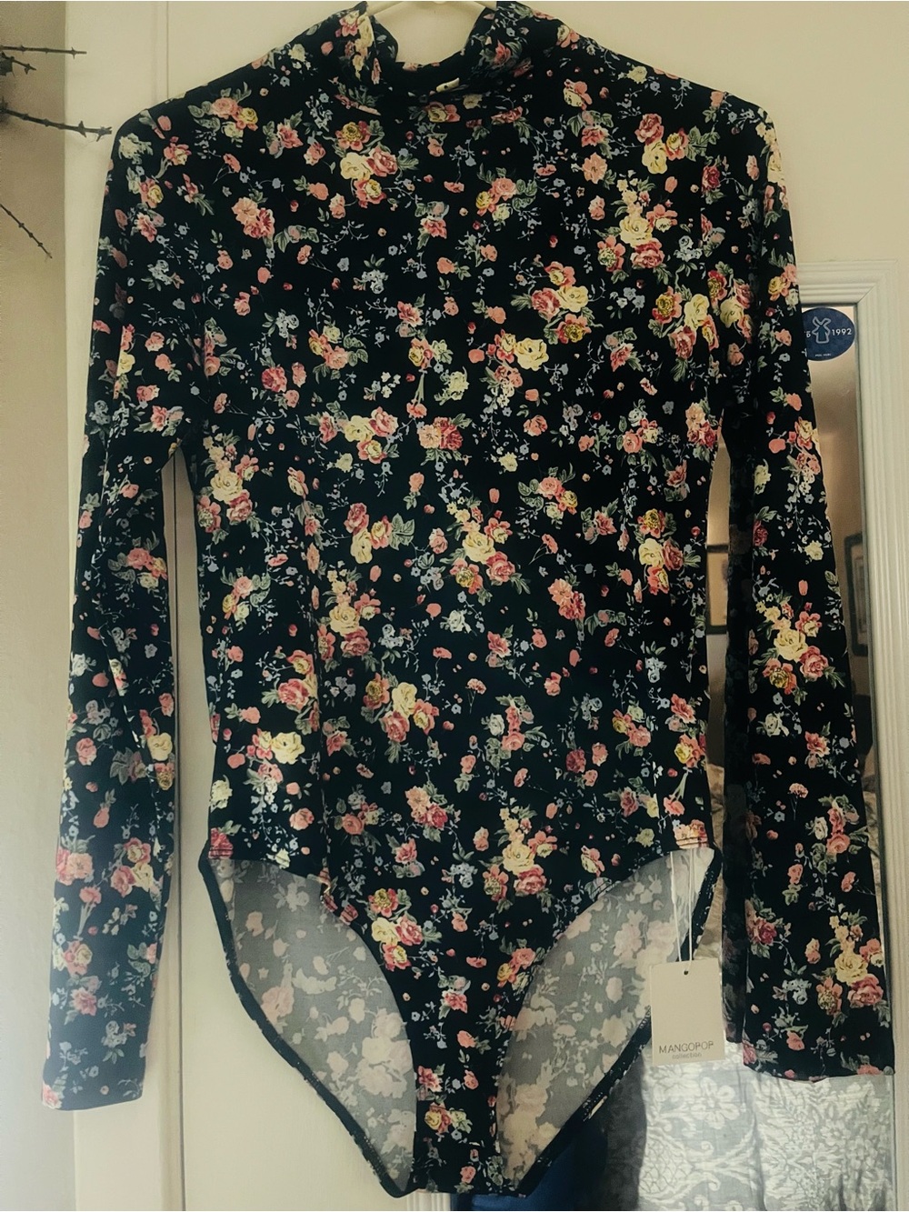 Mango Black Floral Long-Sleeve Bodysuit
